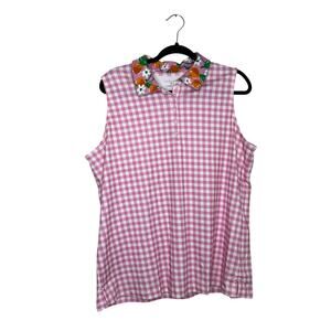 Draper James X Lands End Pink gingham sleeveless polo with floral collar Size 1X